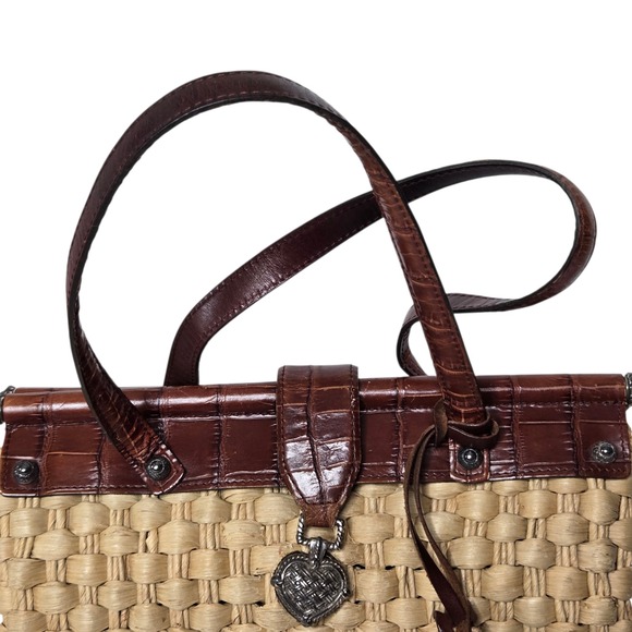 Brighton Woven Straw Satchel Womens Purse Leather Trim Ruth Style Heart Charm - Picture 4 of 12